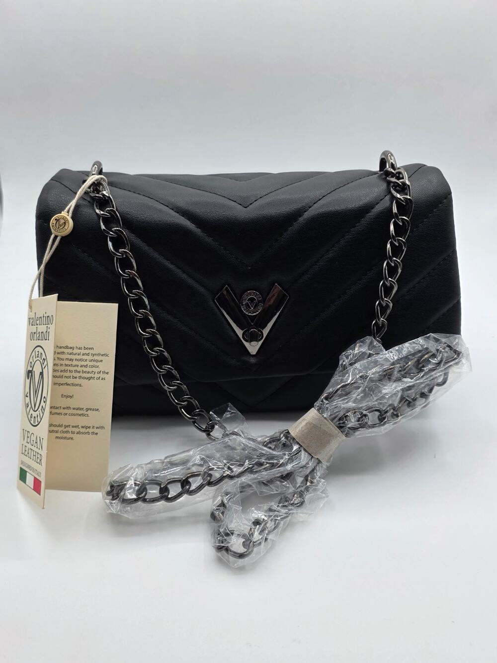 Valentino Orlandi V-2001G Black Quilted Chain Shoulder Bag Gunmetal NWT
